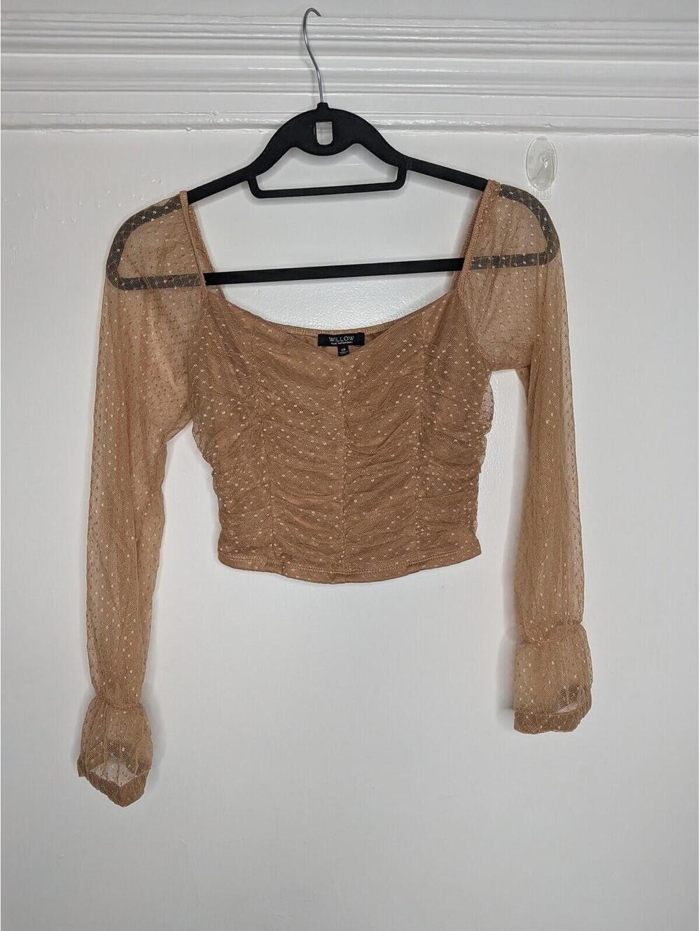Willow XS Beige Sheer Mesh Polka Dot Ruched Crop Top Fairy Soft Girl Y2K